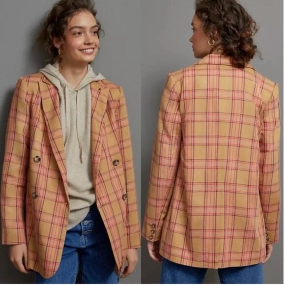 Anthropologie Maeve Victory Oversized Plaid Double Breasted Blazer Size L Tan - Picture 11 of 11